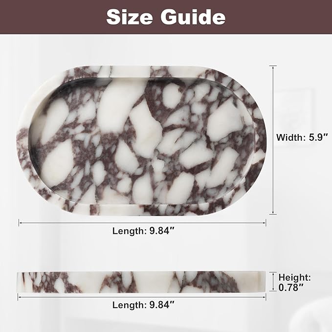 Natural Calacatta Viola Marble Tray 10"x6" - Non-Resin Bathroom Vanity Organizer & Kitchen Decor | Waterproof Oval Stone Serving Dish (Purple Portoro)