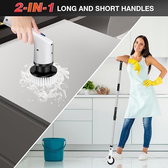 Electric Spin Scrubber, Shower Scrubber, Cordless Bath Tub Power Scrubber with Long Handle & 10 Brush Heads, Cordless Cleaning Brush for Cleaning Bathroom Floor Kitchen