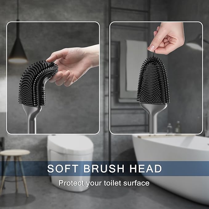 Toilet Brush and Holder Set - Flexible Silicone Toilet Bowl Scrubber Brush, Compact Bathroom Brush with Ventilation Base, Black