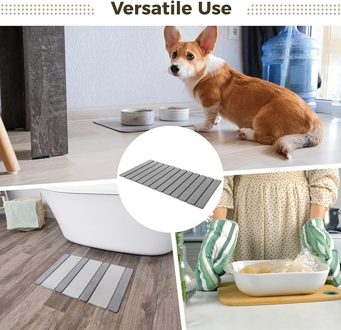 Extra Large Diatomaceous Earth Stone Dish Drying Mat with Anti-Slip Mesh and Dishcloth - Absorbent Quick Dry Drying Mat, Foldable Drying Mat with Grooves for Dishes Cups, 28 x 16 in