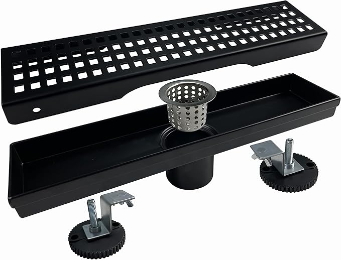 12 Inch Black Rectangular Shower Drain with Removable Quadrato Pattern Cover Grate Accessories and SUS304 Stainless Steel CUPC Certificate (12 inch)