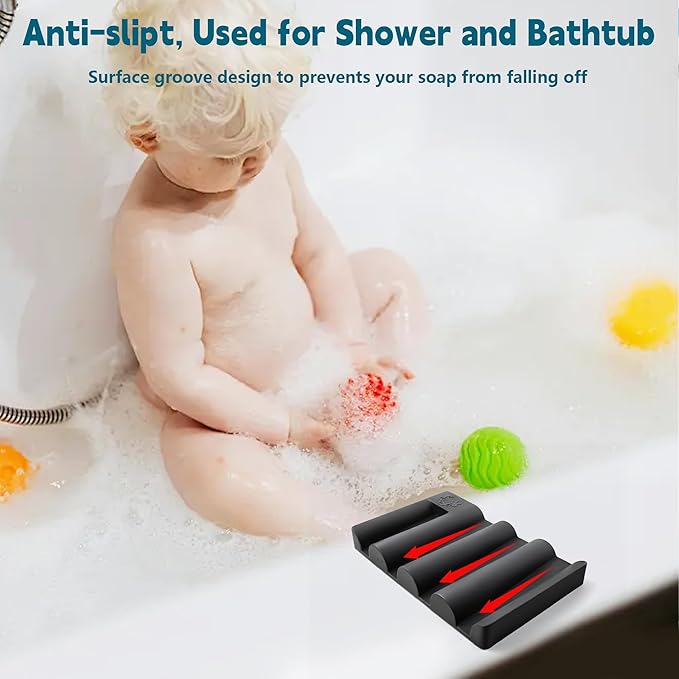 Silicone Soap Dish,Self Draining Soap Holder Perfect for Shower,Bathroom Sink,Kitchen Sink & Travel,Non-Slip Bar Soap Holder Extend Soap Life,Keep Soap Bars Dry Clean (Black-2Pcs)