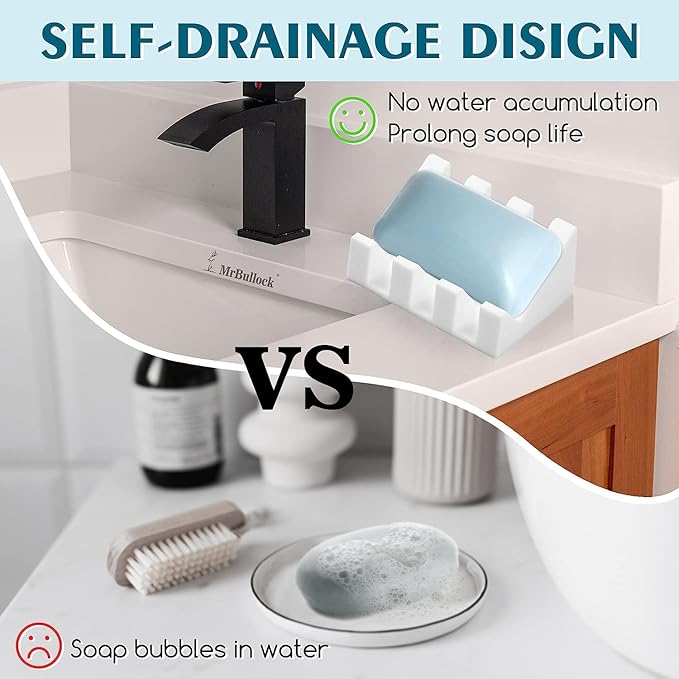 Silicone Soap Dish for Bar Soap Holder for Shower Bathroom Self Draining Waterfall Drying Tray Keep Soap Bars Dry Clean & Easy Cleaning (White1, 1)