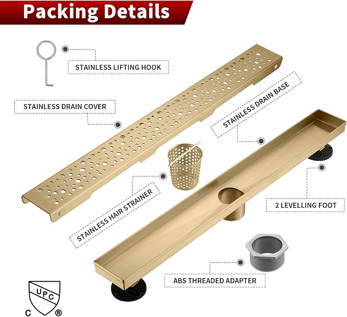 Sharp-tec 28 inch Linear Shower Drain, Gold Rectangular Floor Drain, V-Shape Design Drain Channel, 304 Stainless Steel, cUPC Certificated for Bathroom Shower Room (Drain Base is Not Included)