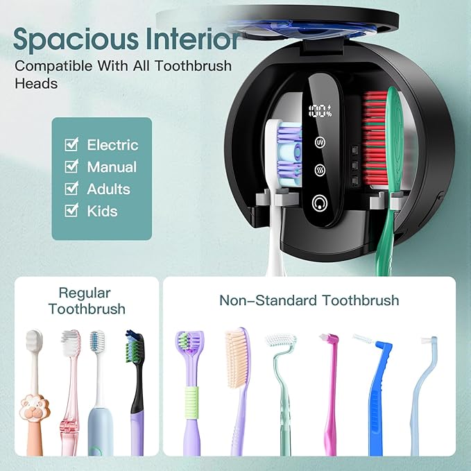 Tooth Brush Holder for Bathroom, Smart Toothbrush Holders Wall Mounted, Toothbrush Cleaner Organizer with LED Screen and Drying Fits Most Electric, Manual and Kids’ Toothbrushes for Home & Travel