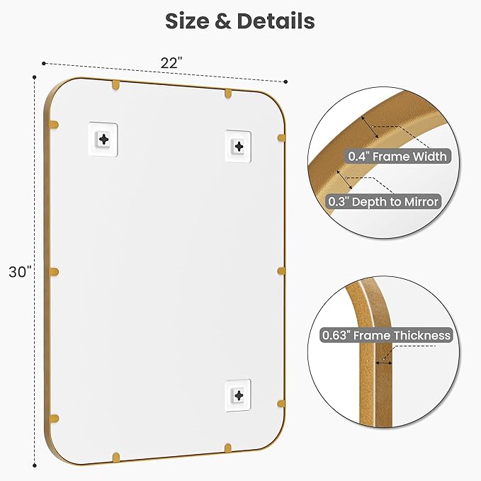 2 Pack Bathroom Mirrors for Over Sink, 22"x30" Gold Framed Vanity Mirror, Rounded Corner Rectangular Metal Mirror for Wall, Mid Century Modern Decor