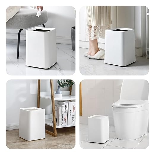 2 Pack Square Modern Trash Can Bedroom, 3Gal/12L Bathroom Trash Can Hidden Bag, Open Top Trash Bin Square Plastic, Minimalist White Garbage Can with Inner Bucket (with 2 Handles) for Kitchen Office