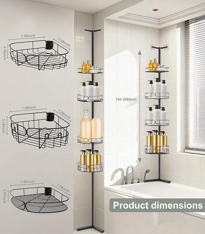 Corner Shower Caddy Tension Pole, Sturdy Rust-Resistant Shower Corner Shelf Organizer, Shower Organizer Corner Universal Fit for Any Bathroom Height