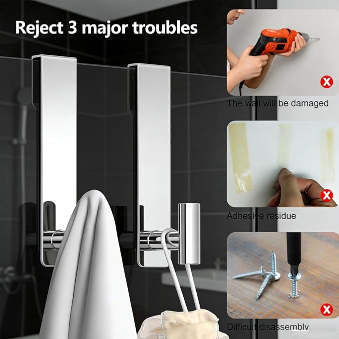PMMASTO Shower Door Hooks, (7.5 Inch) Extended Towel Hooks for Bathroom Frameless Glass Shower Door, Stainless Steel Heavy Duty Hooks (Polished Silver, T Shape-Fits 3/8" Thick Door)