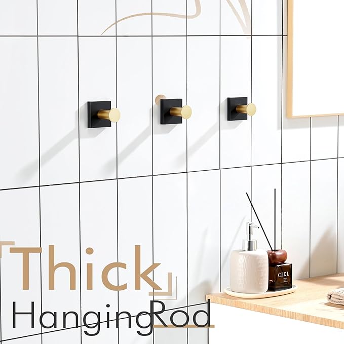 KOKOSIRI Robe Hooks Bath Towel Hooks for Wall Closet Kitchen Hanging Towels Bathroom Hardware Black with Gold Stainless Steel 3 Pack, B1016GDK-P3