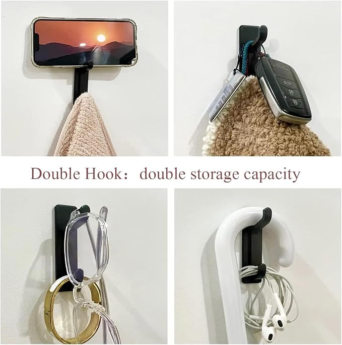 Quik D Heavy Duty Adhesive Wall Hooks for Hanging (4 Pack) — Waterproof & Rustproof Double Hooks, No Drilling Stick On Hooks for Bathroom, Kitchen, Door, Coat, Towel, Keys & Robes (4)
