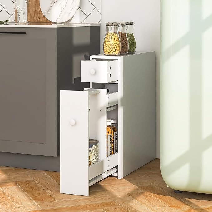Tangkula Slim Storage Cabinet, Free Standing, with Slide Out Drawers, Narrow Floor Bathroom Organizer Next to Toilet, Toilet Paper Holder, 19 x 6.5 x 23 Inches (White)
