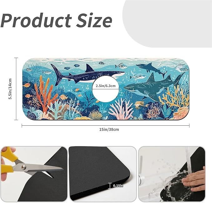 Kitchen Sink Splash Guard，Underwater world Faucet Mat Sink Gadgets-Super Absorbent Fast Drying Mat Drip Catcher for Kitchen, Bathroom,Sink Mat, Dish Drying Mat, Bathroom(15" X 5.5" )