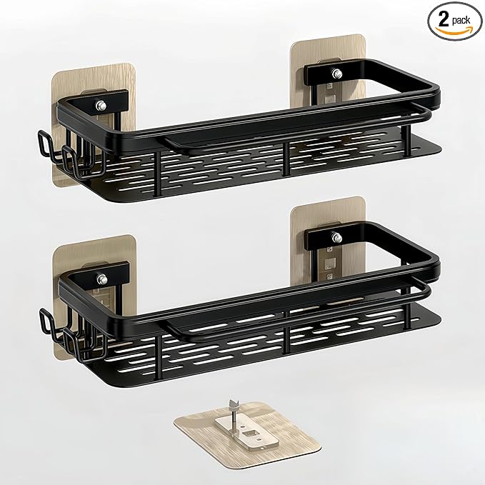 Flat Panel Design Shower Caddy,Anti-Tip & Anti-Fall Bathroom Organizers and Storage,2-Pack Rust-Resistant Aluminum Shower shelves with 2 Towel Bars & 4 Hooks,Spacious Bathroom Accessories Set