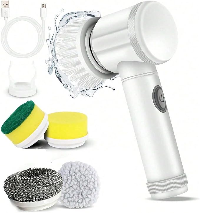 Electric Cleaning Brush, Rechargeable Multifunctional Scrubber for Kitchen and Bathroom, IPX6 Waterproof, 350rpm High Speed, 1500mAh Battery, with Multiple Brush Heads (white, 5 brush heads)