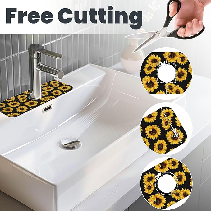 Sunflowers Black Vintage Paingting Kitchen Sink Splash Guard Faucet Mat 1 Pcs, Absorbent Fast Drying Mat Gadgets Splash Guard For Bathroom 15 X 5.5 Inches