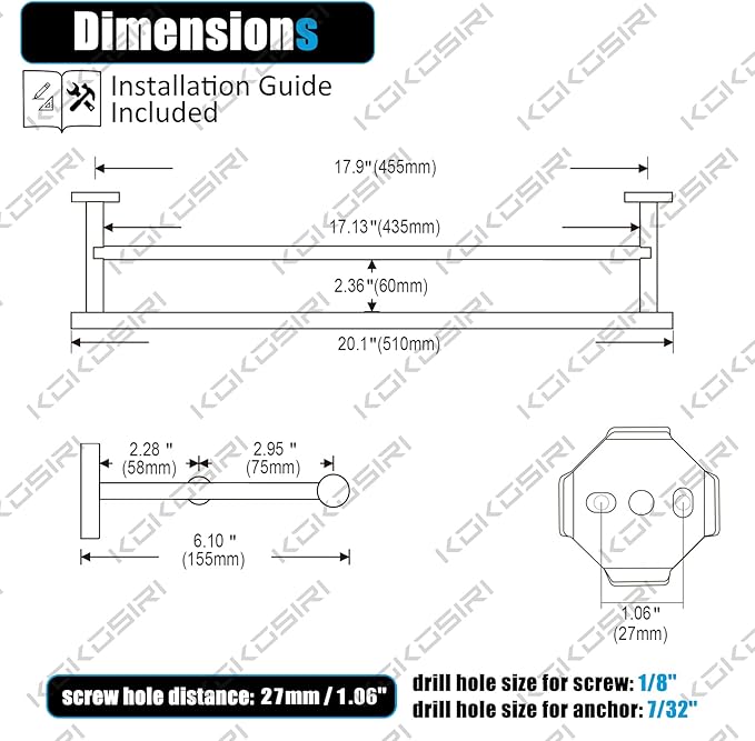 KOKOSIRI Towel Rails Bathroom Double Towel Bars Matte Black 20 Inch Towel Holder for Bath Cabinet Kitchen Wall Mount Stainless Steel B5005BK-L20