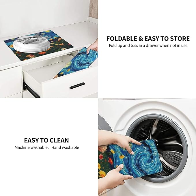 Starry Night Flowers Dish Drying Mat for Kitchen Counter, 16"x18" Microfiber Absorbent Fast Dry Mat, 2Pcs Dish Mat Faucet Mats Sets, Large Drying Kitchen Mat Kitchen Drying Pad
