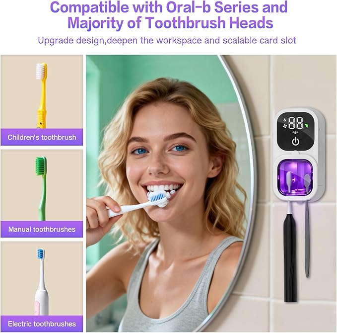 Toothbrush Sanitizer, Wall Mounted Toothbrush Holder & Toothbrush Cleaner, 4UVC Lights Cleaning, 2300mAh High-Capacity Battery, Auto-inductive Cover, Rechargeable Toothbrush Holders for Bathrooms, RV