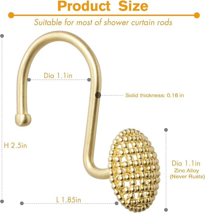 Pearlbee Gold Shower Curtain Hooks, Rustproof Shower Curtain Rings for Bathroom, Metal Shower Hooks for Shower Curtain Rod, Modern Decorative Shower Curtain Hangers Set of 12, Round Heavy Duty Design