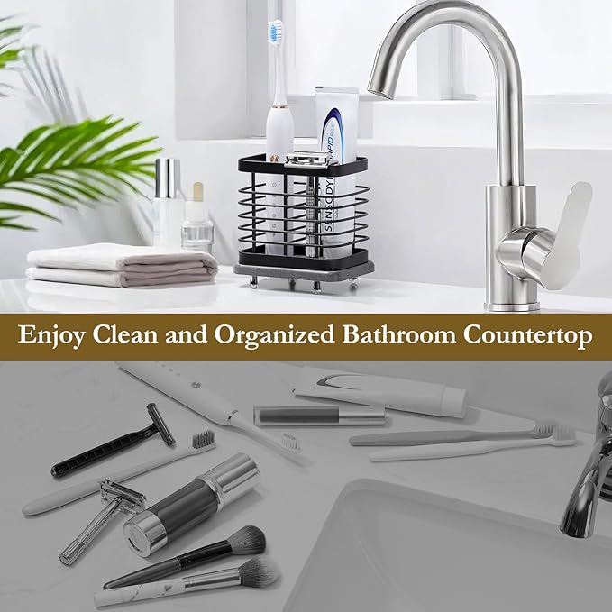 Shinowa Fast-Dry Wall Mounted Toothbrush Holder with Diatomaceous Earth Tray, Stainless Steel Electric Toothbrush & Toothpaste Organizer, No-Drill Adhesive or Countertop Bathroom Holder, 2 Slots