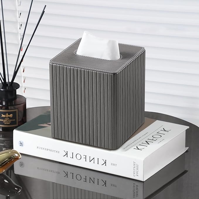 PU Leather Tissue Box Cover Square Tissue Box Holder with Magnetic Closure (Slate Grey)