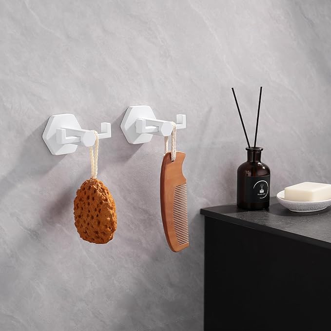 GERZWY White Bathroom Hooks, Double Towel Robe/Coat Clothes Hook Stainless Steel Hanger Wall Hooks Heavy Duty for Bath Wall Mounted 2 Pack