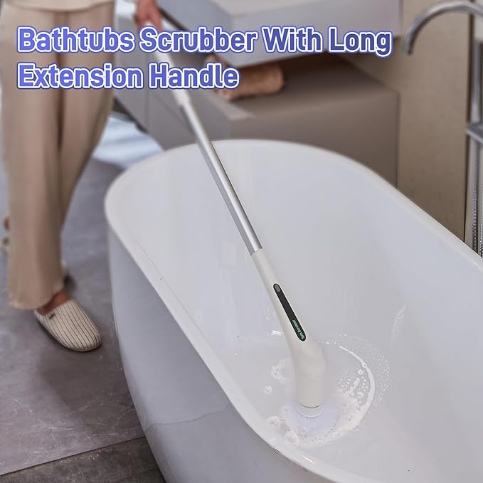 Electric Spin Scrubber - Bathtub Shower Scrubber,Bathroom Cleaning Brush with Long Handle Floor Brushes,Power Cordless Automatic Handheld Mop Cleaner for Bath Tub Kitchen Tile Grout Hardwood