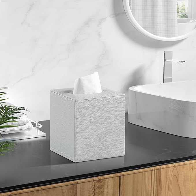 PU Leather Tissue Box Cover Square Tissue Box Holder with Magnetic Closure, Decorative Tissue Holder for Bathroom Bedroom Office (Grey)