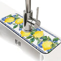 Kitchen Sink Splash Guard，Lemons and blue tiles Faucet Mat Sink Gadgets-Super Absorbent Fast Drying Mat Drip Catcher for Kitchen, Bathroom,Sink Mat, Dish Drying Mat, Bathroom(15" X 5.5" )