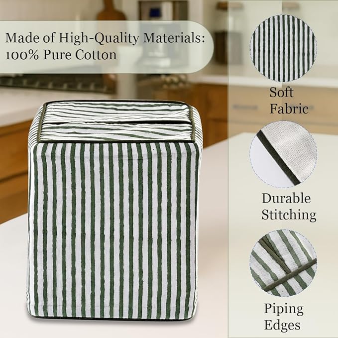 Ridhi Green Stripe Block Print Tissue Box Cover Handmade Cotton Fabric Decorative Square Napkin Holder for Home Bedroom Living Room Bathroom Vanity Countertop Car Night Stands Office Kitchen