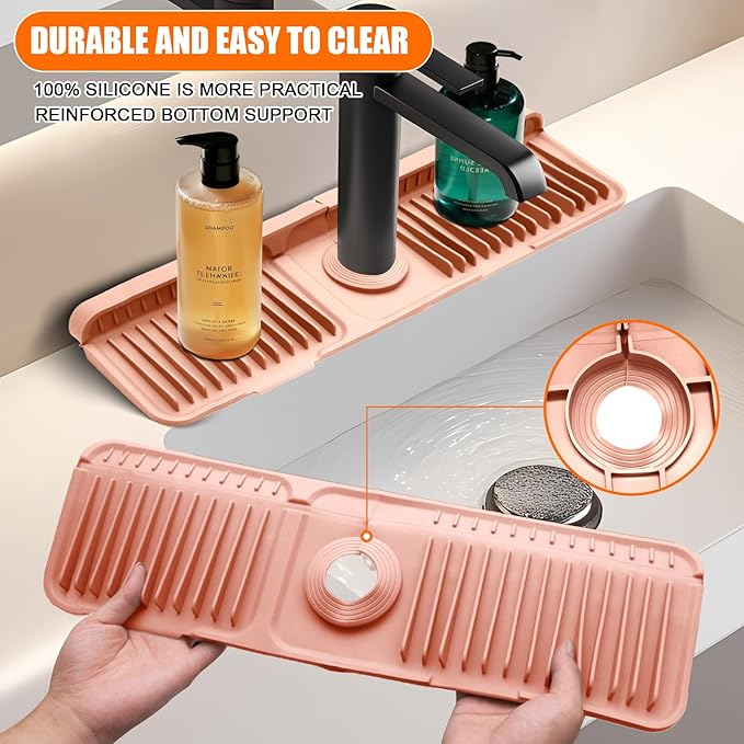 Pink 24" Button Style Faucet Drip Catcher – Silicone Faucet Mat for Kitchen Sink, Leak-Proof Splash Guard with 6° Slope | Behind Faucet Draining Mat Easy Gadgets for Bathroom Kitchen Countertops