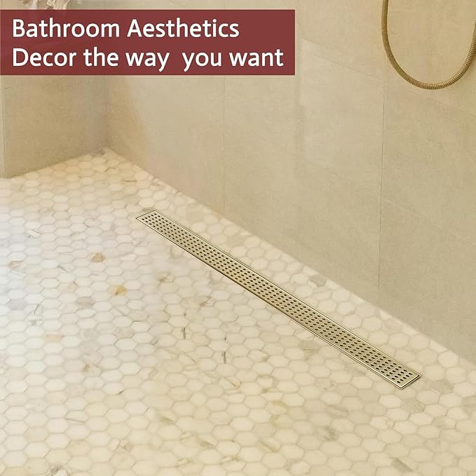 12 Inch Linear Shower Drain, Brushed Gold Shower Drain,Removable Grate, 304 Stainless Steel, Easy to Install and Clean for Bathrooms (Drain Base Not Included), LSD-04A-12G