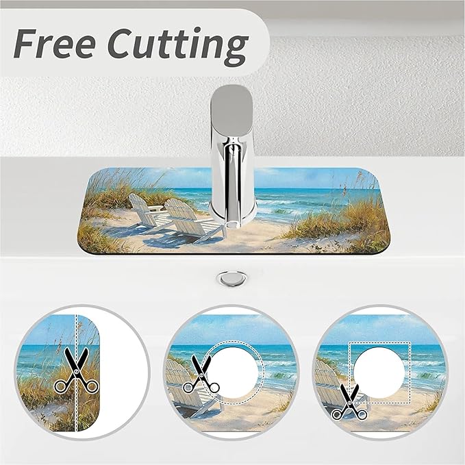 Kitchen Sink Splash Guard，Beach-scene Faucet Mat Sink Gadgets-Super Absorbent Fast Drying Mat Drip Catcher for Kitchen, Bathroom,Sink Mat, Dish Drying Mat, Bathroom(15" X 5.5" )
