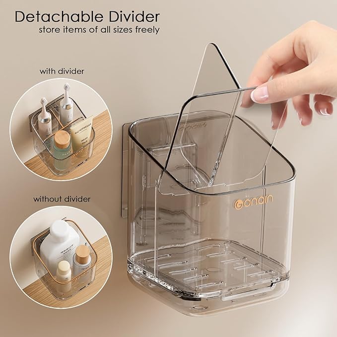 Toothbrush Holders for Bathroom - Detachable Divided Design, Drawer Drainage Tray, Adhesive Wall-Mounted/Countertop Dual-Use, Large Capacity Organizer for Bathroom/Kitchen/Office, Easy Install (Grey)