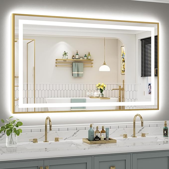 60x36 Inch LED Bathroom Mirror with Gold Frame, Backlit & Front Lit, Anti-Fog Lighted Bathroom Vanity Mirror for Wall, Memory Function, Dimmable, HD Tempered Glass, Shatter-Proof