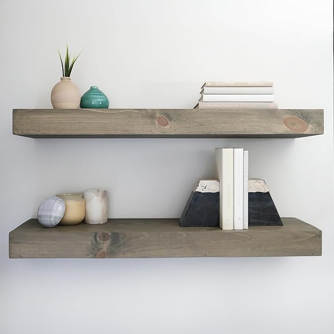 Urbandi Modern Floating Shelves 3 Inches Thick for Wall, Wide Shelves for Kitchen, Living Room, Bedroom, and Bathroom, Natural Pine Wood, Rustic Wooden Shelf, (Set of 2) (Aged Barrel, 24Lx3Hx8D)