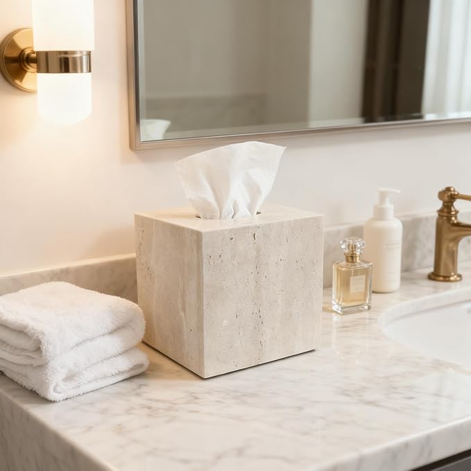 Natural Travertine Marble Tissue Box Cover, Stone Square Pumping Paper, Roll Toilet Paper Holder for Living Room, Bathroom, Kitchen and Home Decor