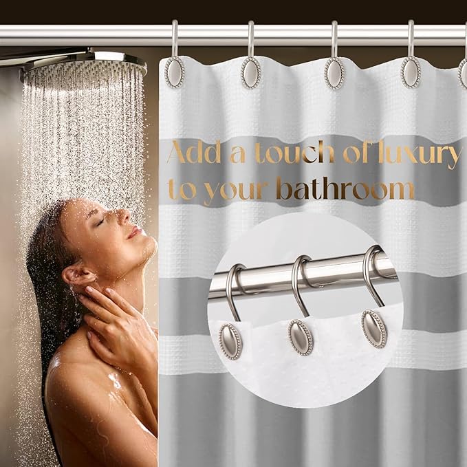 Brushed Nickel Shower Curtain Hooks, Decorative Shower Curtain Rings, Rust Resistant Metal Shower Hooks for Bathroom, Rust Proof Shower Hooks Hangers for Shower Curtain Rod, Set of 12