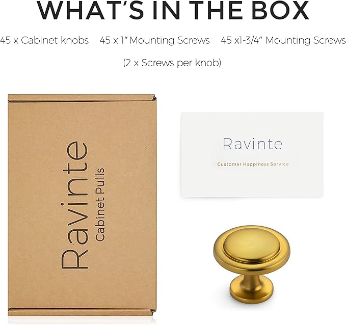Ravinte 45 Pack 1-1/4 Inch Kitchen Cabinet Knobs Brushed Brass Zinc Pulls Door Handles for Dresser Drawers