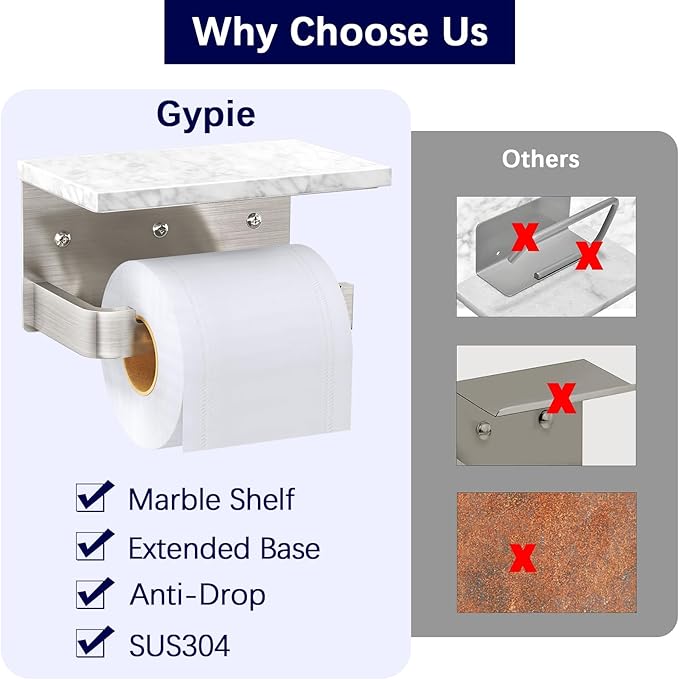 Toilet Paper Holder with Shelf, Extended Base Wall Mounted, Marble Toilet Roll Holder Brushed Nickel for Bathroom Washroom