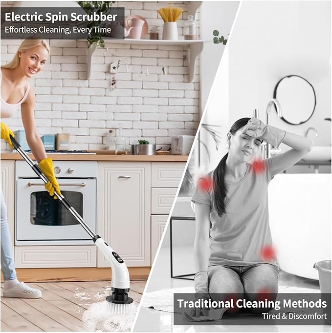 GOXAWEE Electric Spin Scrubber, Cordless Cleaning Brush with 8 Replaceable Brush Heads, Power Shower Scrubber with Long Handle for Bathroom, Tub, Tile, Floor (White)