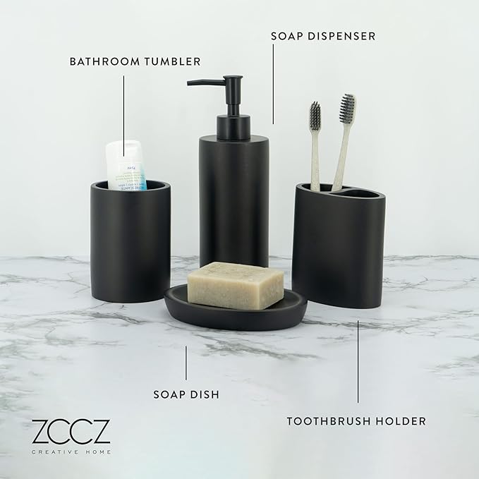 ZCCZ Grey Bathroom Accessory Sets, 4 Pieces Bathroom Accessories Complete Set Vanity Countertop Accessory Set, Includes Lotion Dispenser Soap Pump, Tumbler, Toothbrush Holder and Tray