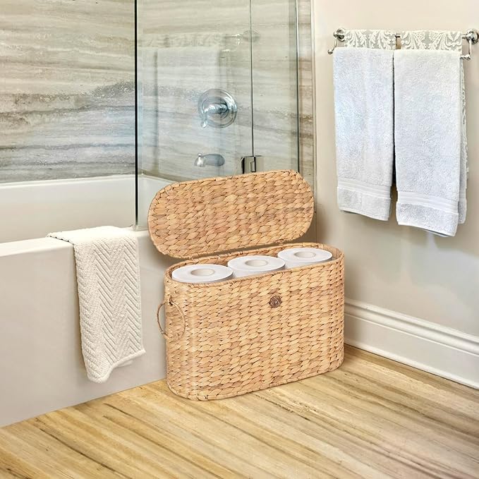 Toilet Paper Storage, Water Hyacinth Baskets with Lid, Toilet Paper Baskets for Storage Holder 6 Rolls, Papers Basket with Built-in Handles for Organizer, Bathroom Accessories Organizer