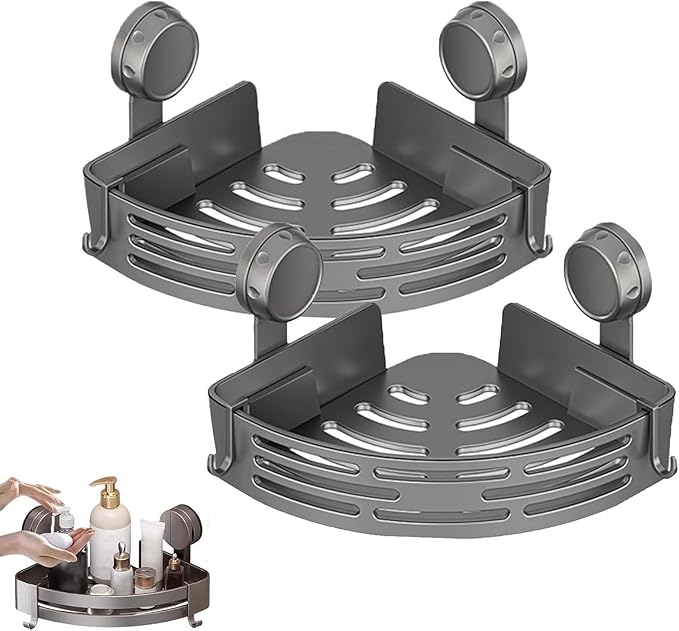 Triangle Suction Cup Shower Caddy, Corner Shower Shelves No Drilling, Upgrade Suction Cup Shower Organizer with Towel Bar & Hooks, Heavy-Duty Strong Hold (Gray, 2pcs)
