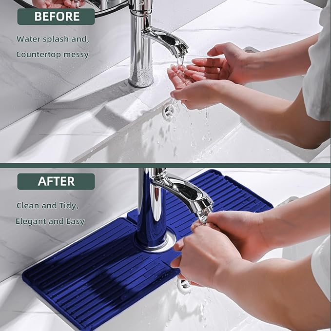 Faucet Mat for Kitchen Sink, Silicone Faucet Handle Drip Catcher Tray, Drying Mat as Sponge and Soap Holder with Lateral Inflow for Kitchen Bathroom Farmhouse & RV Sink Accessories (Blue)