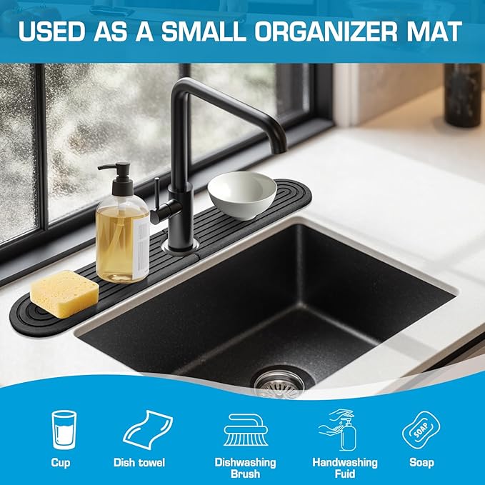 Diatomite Stone Faucet Mat For Kitchen Sink-Absorbent Fast Drying Stone Sink Tray,Faucet Splash Guard Counter,Quick Dry Sink Mat Around Faucet For Kitchen & Bathroom (Dark Gray-Oval,23.6" x 4")