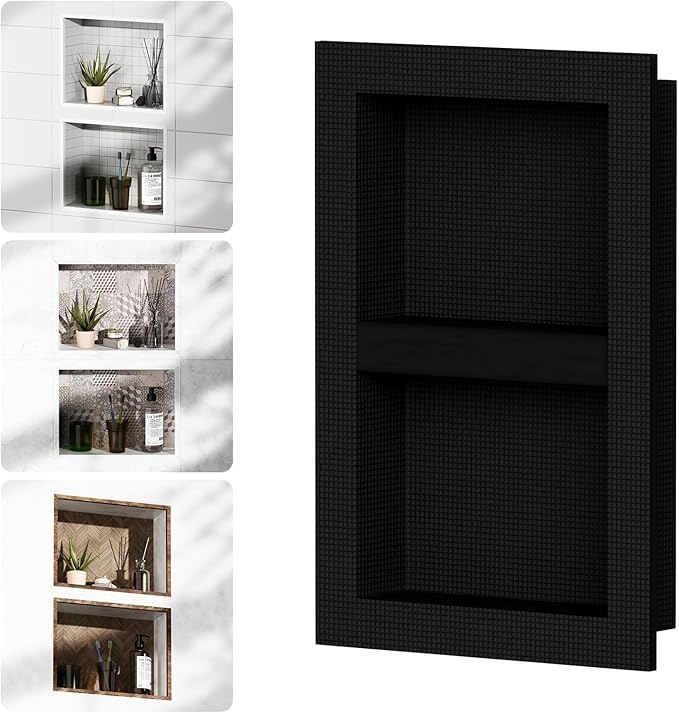 Homevacious Shower Niche 16 X 24 Inch Shower Niche Insert Tile Ready Recessed Wall Niche XPS Double Waterproof Shelf Shower Wall Bathroom Storage Box with Removable Shelf Matte Black