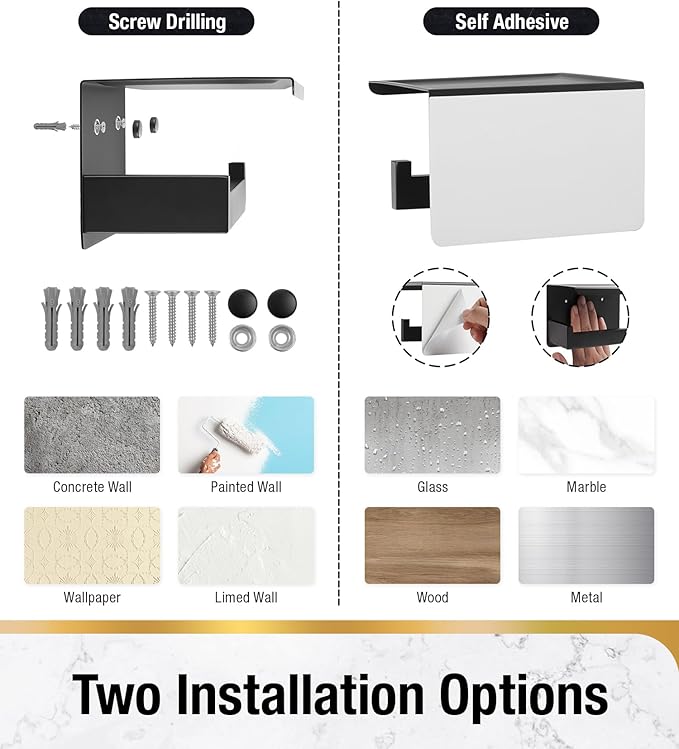 HITSLAM Toilet Paper Holder with Shelf, Stick on Matte Black Toilet Paper Roll Holder, Self Adhesive or Wall-Mount with Screws for Bathroom,Washroom