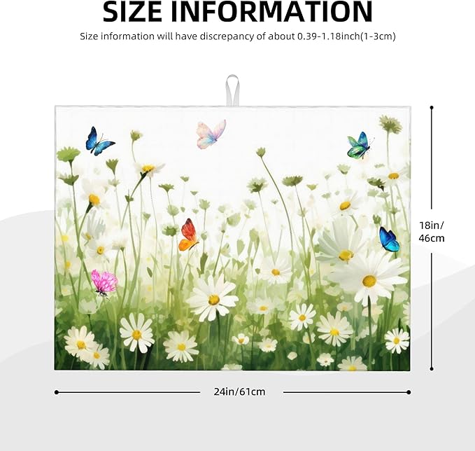 Vintage Watercolor Daisy Butterfly Dish Drying Mat for Kitchen Counter, 18"x24" Microfiber Absorbent Fast Dry Mat, 2Pcs Dish Mat Faucet Mats Sets, Large Drying Kitchen Mat Kitchen Drying Pad